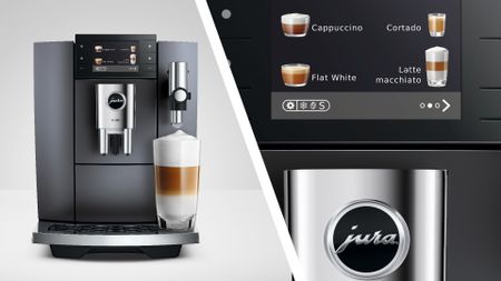 Split image of whole Jura E10 coffee maker, and close-up of coffee menu