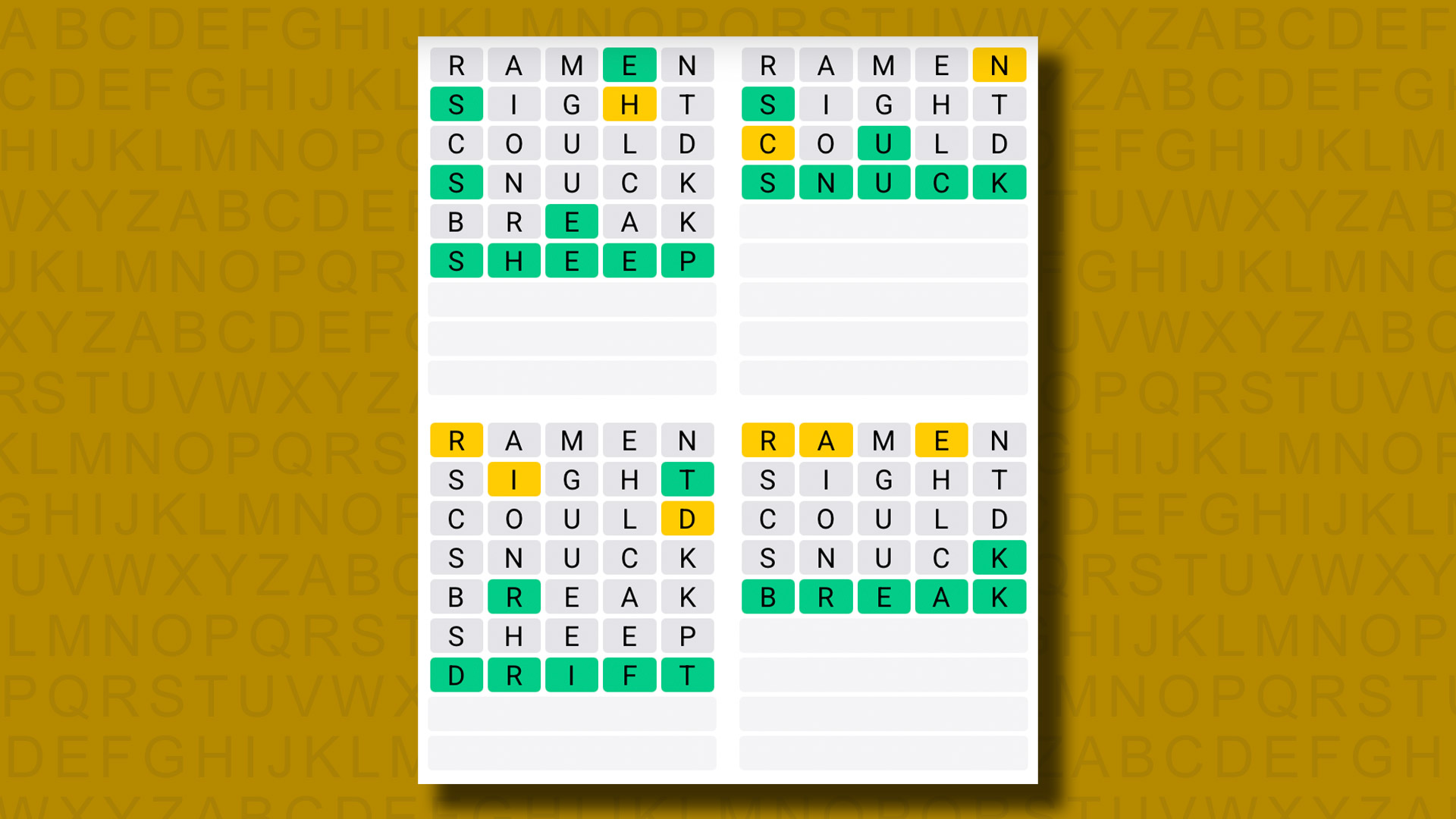 Quordle answers for game 1208 on a yellow background