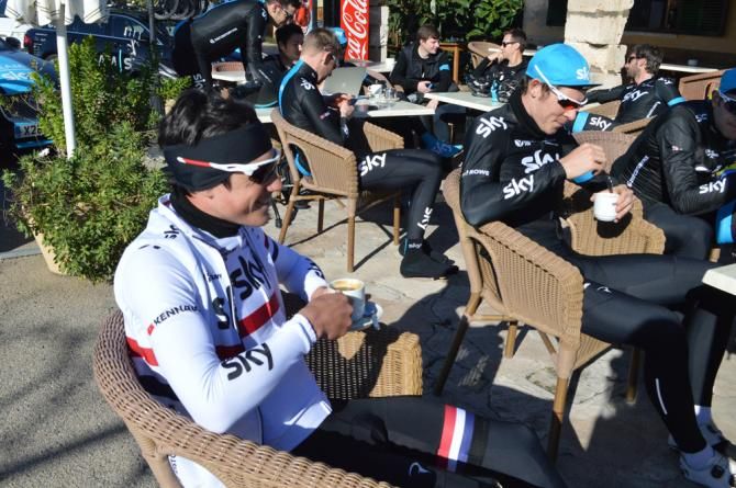 The Team Sky riders stop for a well earned coffee stop during their training