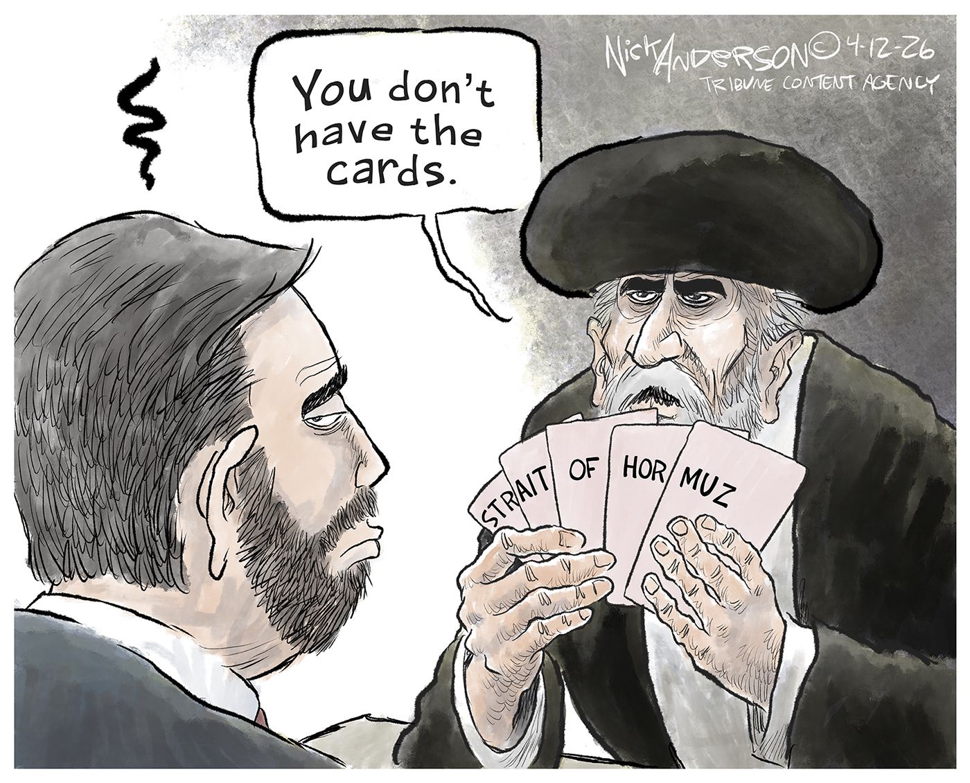 
                                A man dressed like an Iranian religious figure holds four cards that spell out “STRAIT OF HORMUZ” when they are held together. He tells JD Vance, “You don’t have the cards.”
                            