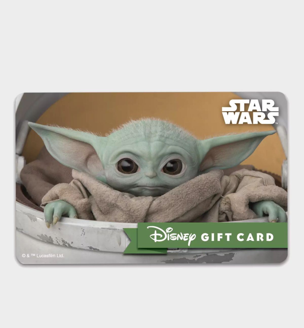 Grogu on a Disney Store Gift Card, shown against a plain background