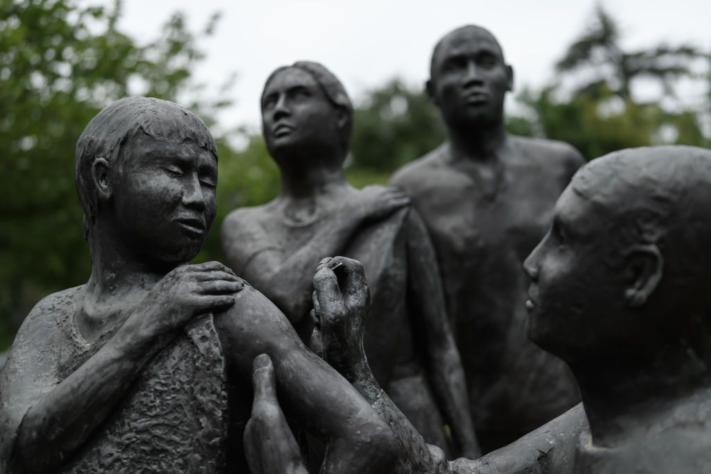 Vaccine sculpture outside WHO headquarters