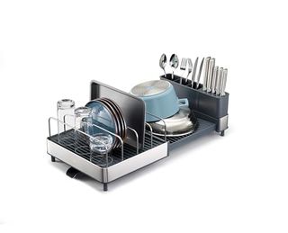 Joseph Joseph Extend Max Steel Expanding Dish Drying Rack, With High Capacity Large for Items, Cutlery and Knife Holder, Swivel Draining Spout, Stainless Steel