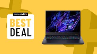 Acer Predator Helios 18 gaming laptop on a yellow background with best deal badge