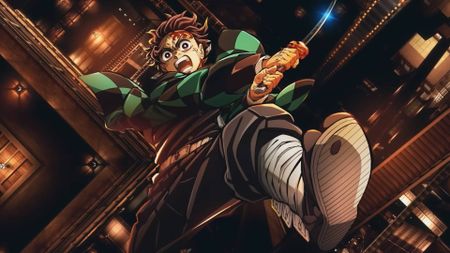 Tanjiro holding a sword and screaming during the anime movie, Demon Slayer Infinity Castle