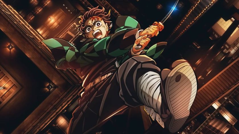 Tanjiro holding a sword and screaming during the anime movie, Demon Slayer Infinity Castle