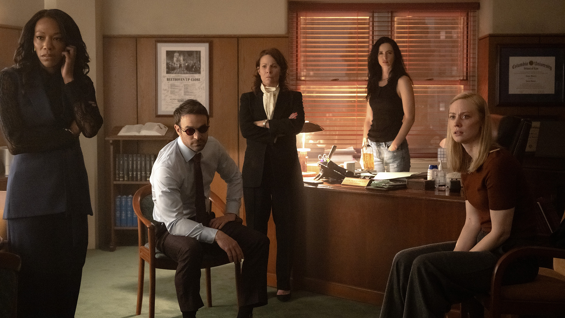 Kirsten, Matt, Governer McCaffrey, Jessica Jones, and Karen in an office in Daredevil: Born Again season 2 episode 8