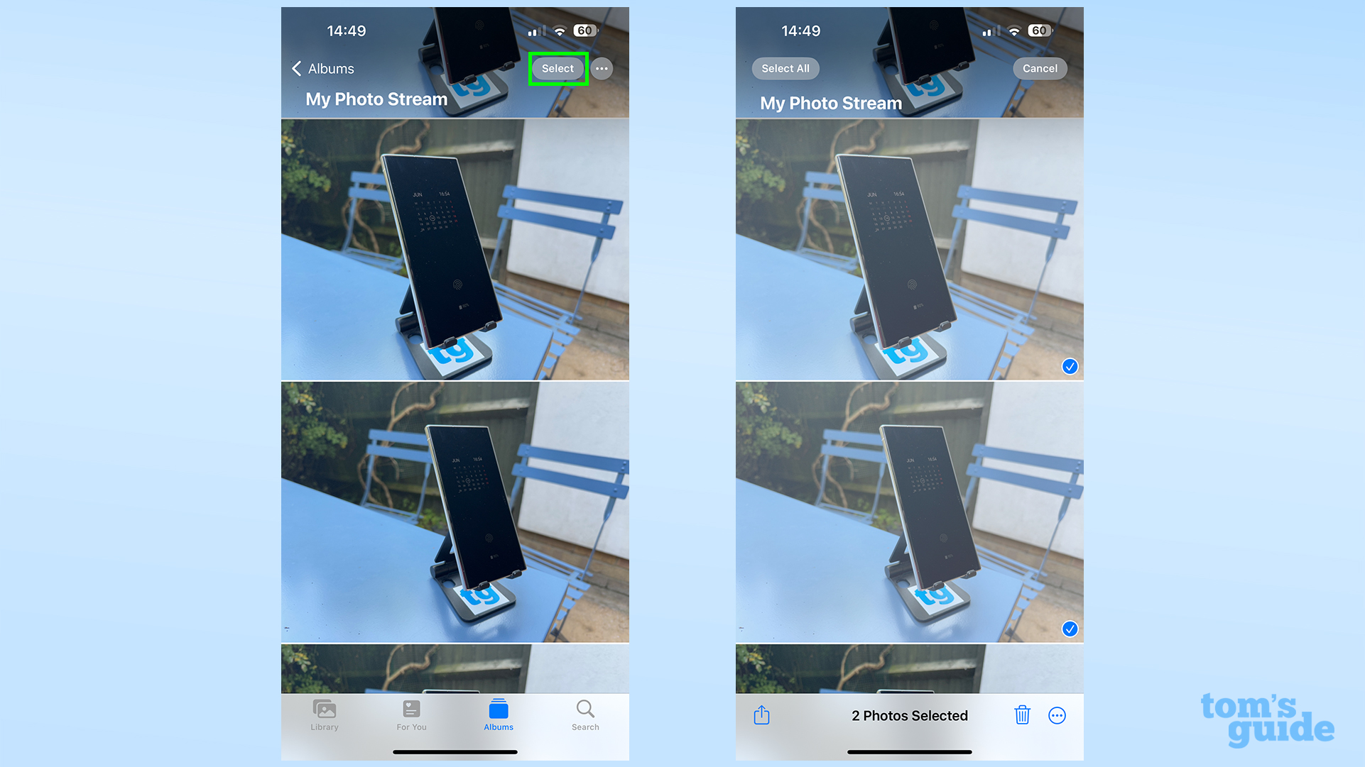 Zwei Screenshots zeigen, wie man in der iOS-Fotos-App mehrere Bilder auswählt