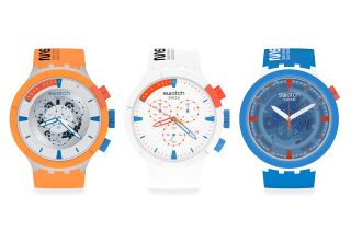 The three BioCeramic watches in Swatch's new Space Collection — from left to right: Big Bold Chrono Launch, Big Bold Chrono Extravehicular and Big Bold Jumpsuit — are inspired by the spaceflight and training garments worn by NASA's space shuttle astronauts.