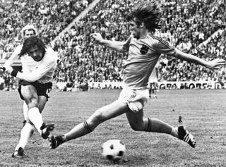 Gerd Muller scores for West Germany against the Netherlands in the 1974 World Cup final.