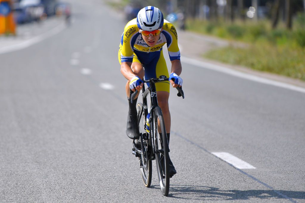 ARDOOIE BELGIUM SEPTEMBER 02 Rune Herregodts of Belgium and Team Sport Vlaanderen Baloise attacks in the breakaway during the 17th Benelux Tour 2021 Stage 4 a 1661km stage from Aalter to Ardooie BeneluxTour on September 02 2021 in Ardooie Belgium Photo by Luc ClaessenGetty Images