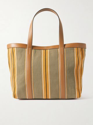 Large Leather-Trimmed Striped Canvas Tote
