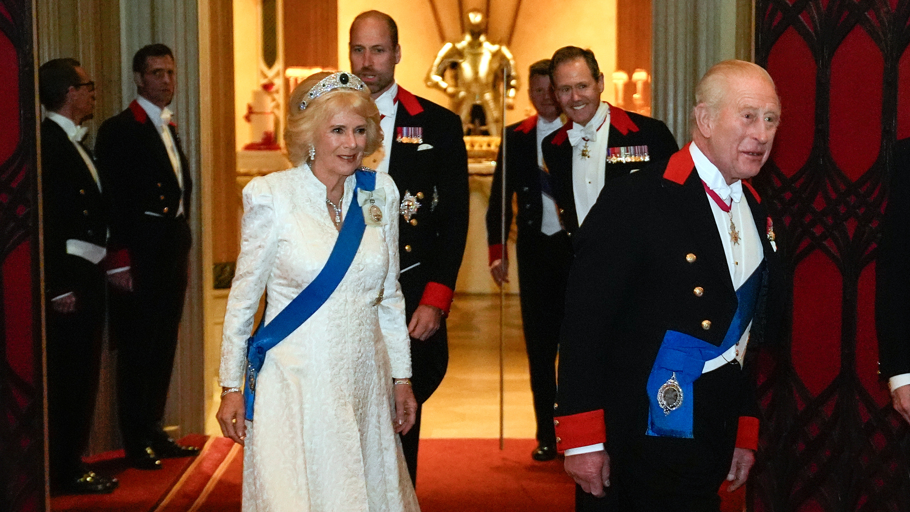 King Charles III and Queen Camilla arrive for the Diplomatic Corps reception at Windsor Castle on November 18, 2025