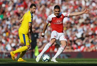 Konstantinos Mavropanos of Arsenal shoots during the Premier League match between Arsenal FC and Crystal Palace at Emirates Stadium on April 21, 2019 in London, United Kingdom. (Photo by Warren Little/Getty Images)