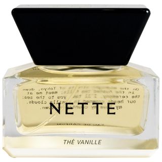 Nette Thé Vanille Eau De Parfum in long rectangular bottle with large black cap on white background