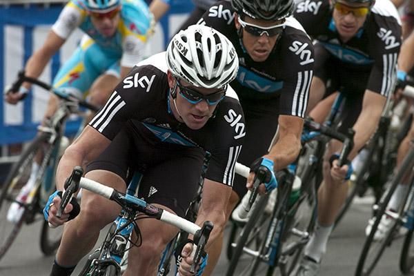 Chris Sutton drives the Team Sky train out of the home straight in Buninyong in the concluding laps of the race.