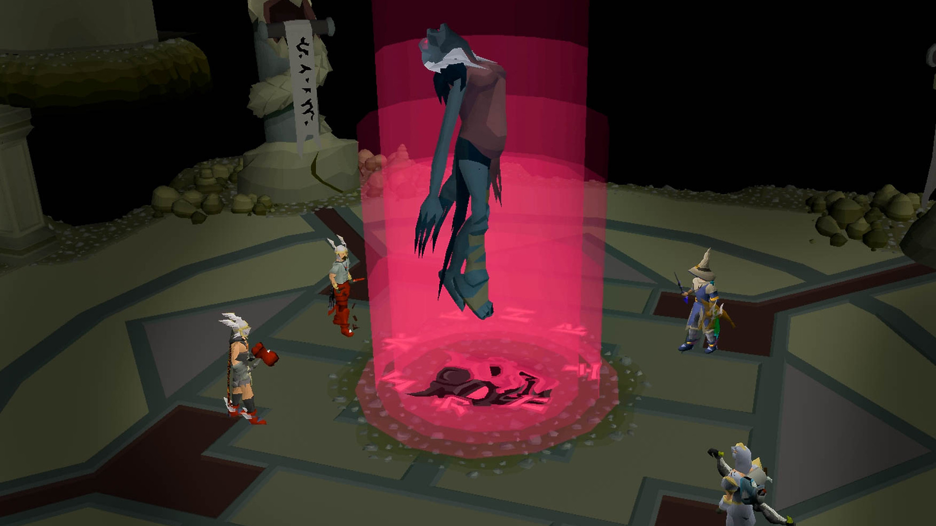 In Old School Runescape, four characters stand around a summoning circle as a large foe with horns rising from it