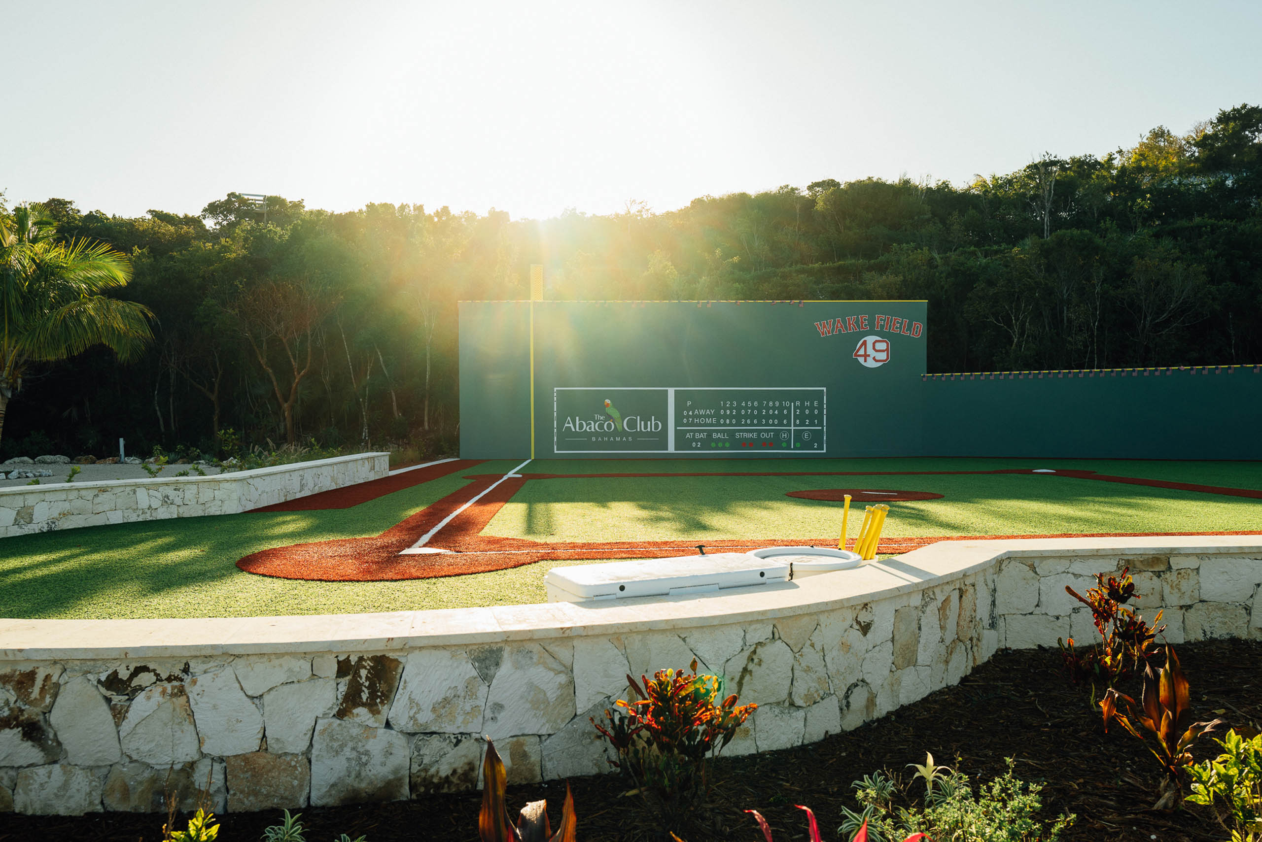 The new wiffleball field at The Abaco Club in the sunlight.