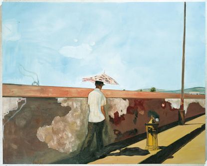 A painting of a man under an umbrella walking beside a wall