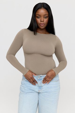 365 Contour Long Sleeve Shaping Bodysuit - Stone Khaki