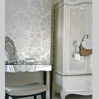 wallpaper on wall with bedroom white cabinet and mirror