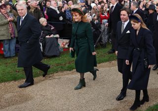 Prince Andrew, Sarah Ferguson, Edoardo Mapelli Mozzi, Princess Beatrice walking to church on Christmas morning in front of a large crowd