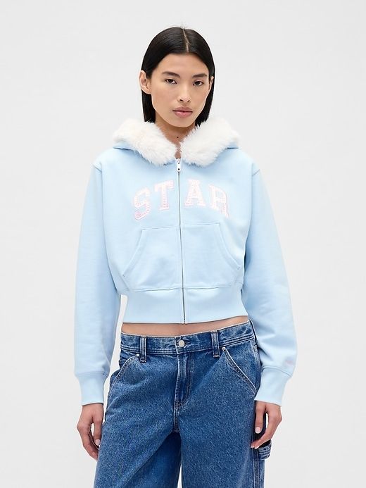 Gap × Sandy Liang Vegan Fur-Trim Crop Zip Hoodie