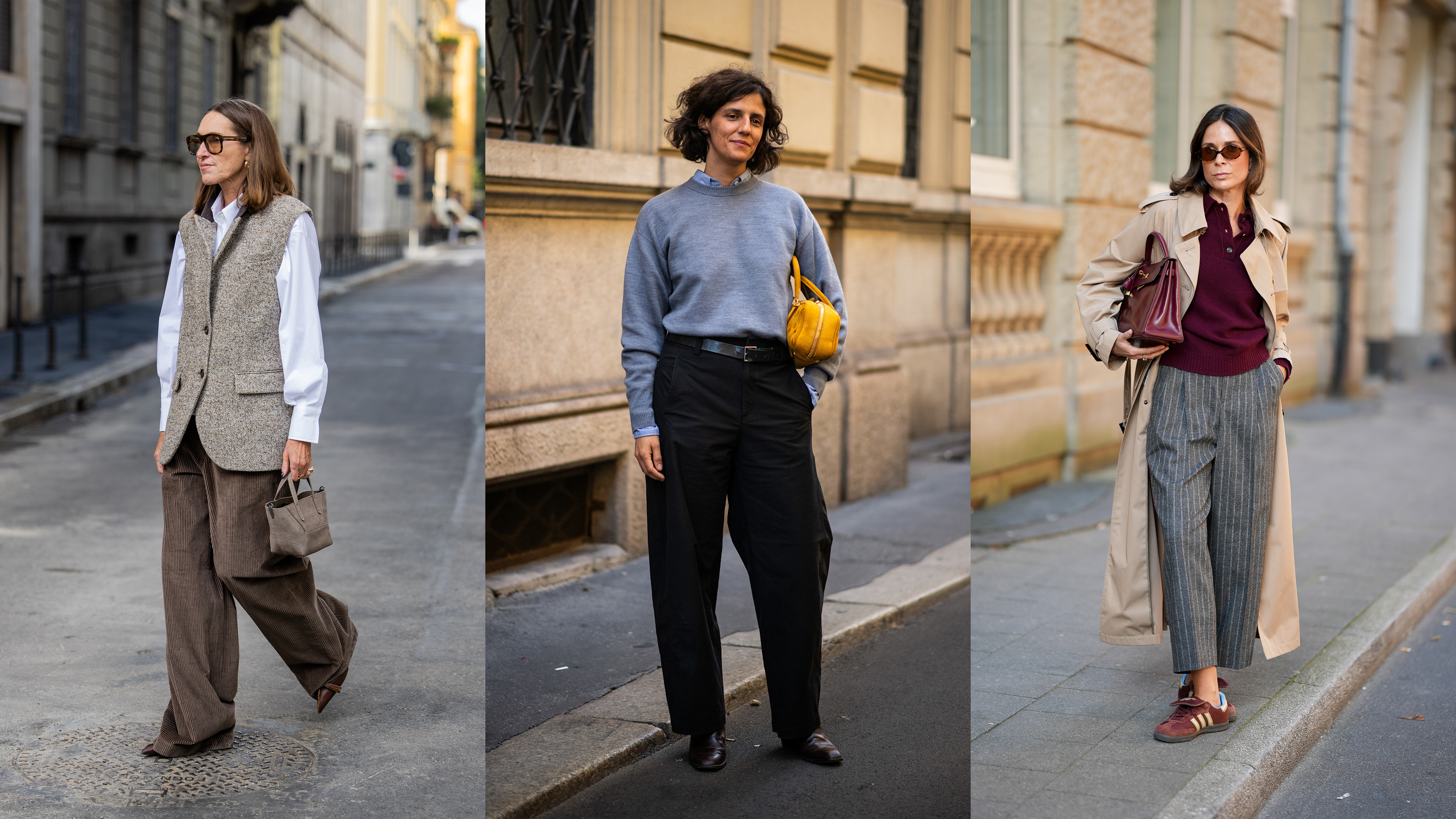 Woman in corduroy pants, vest, and button-down; person in a gray crewneck sweater, black trousers, and shoes; woman in gray trousers, a trench coat, and a red polo sweater. 