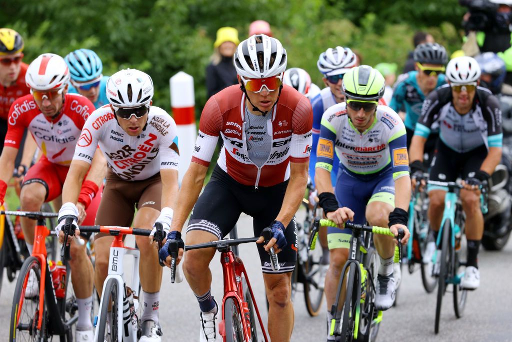 SAINTGAUDENS FRANCE JULY 13 Benot Cosnefroy of France and AG2R Citron Team Jasper Stuyven of Belgium and Team Trek Segafredo in the chase group during the 108th Tour de France 2021 Stage 16 a 169km stage from Pas de la Casa to SaintGaudens LeTour TDF2021 on July 13 2021 in SaintGaudens France Photo by Tim de WaeleGetty Images
