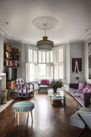 Great living room with white white shutters