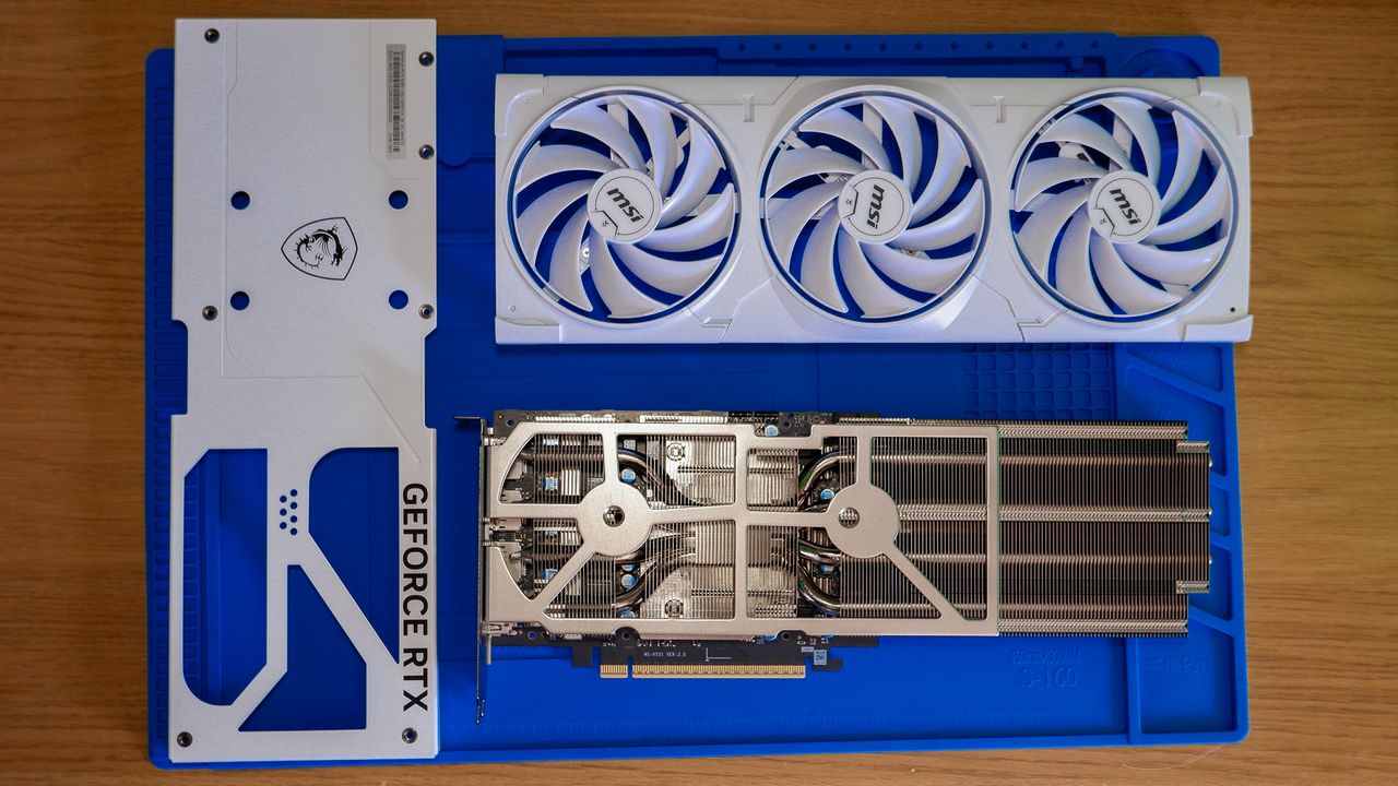 An MSI RTX 5080 in white installed in a gaming PC.