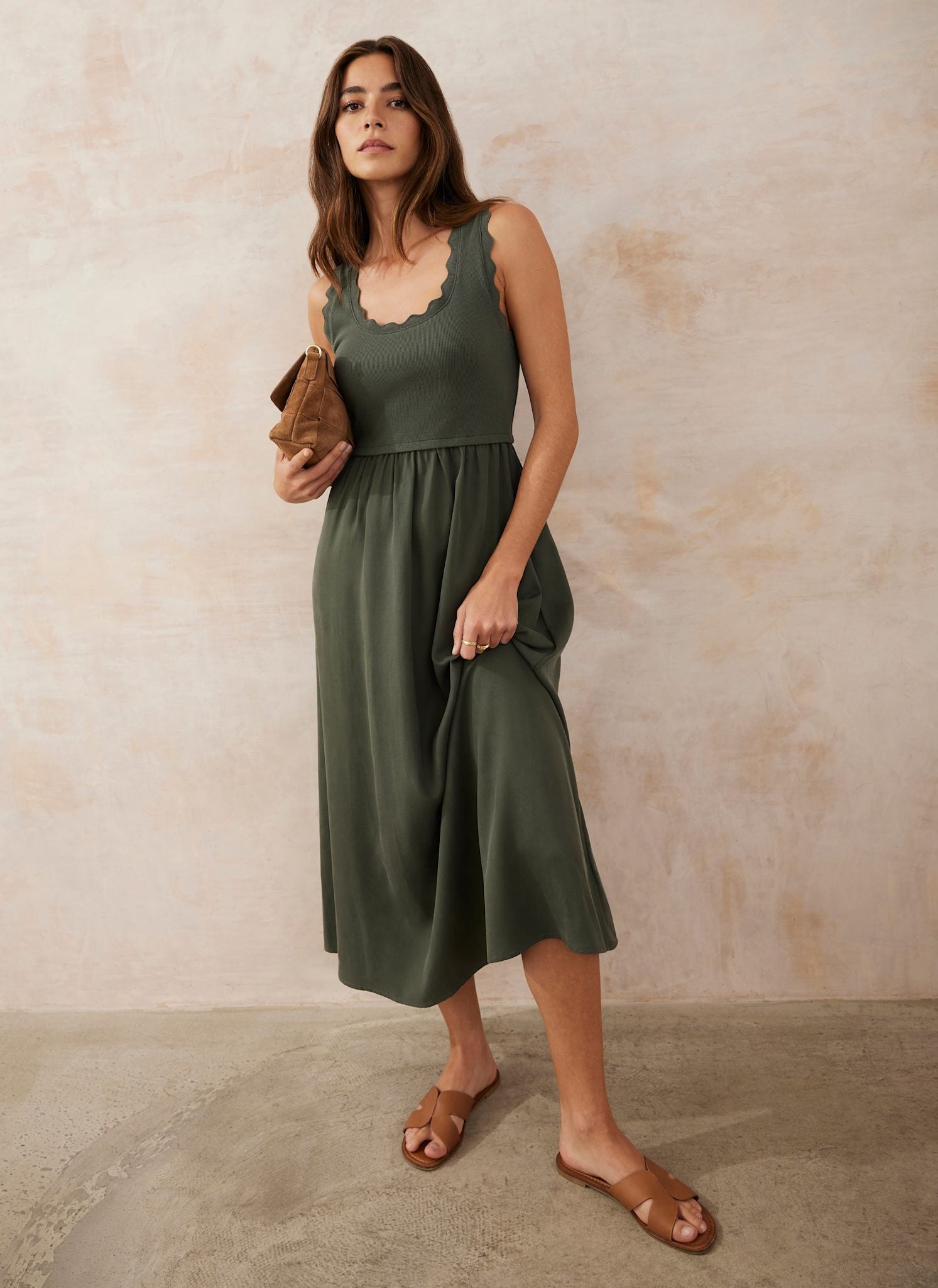 Khaki scallops decorative Midi dress