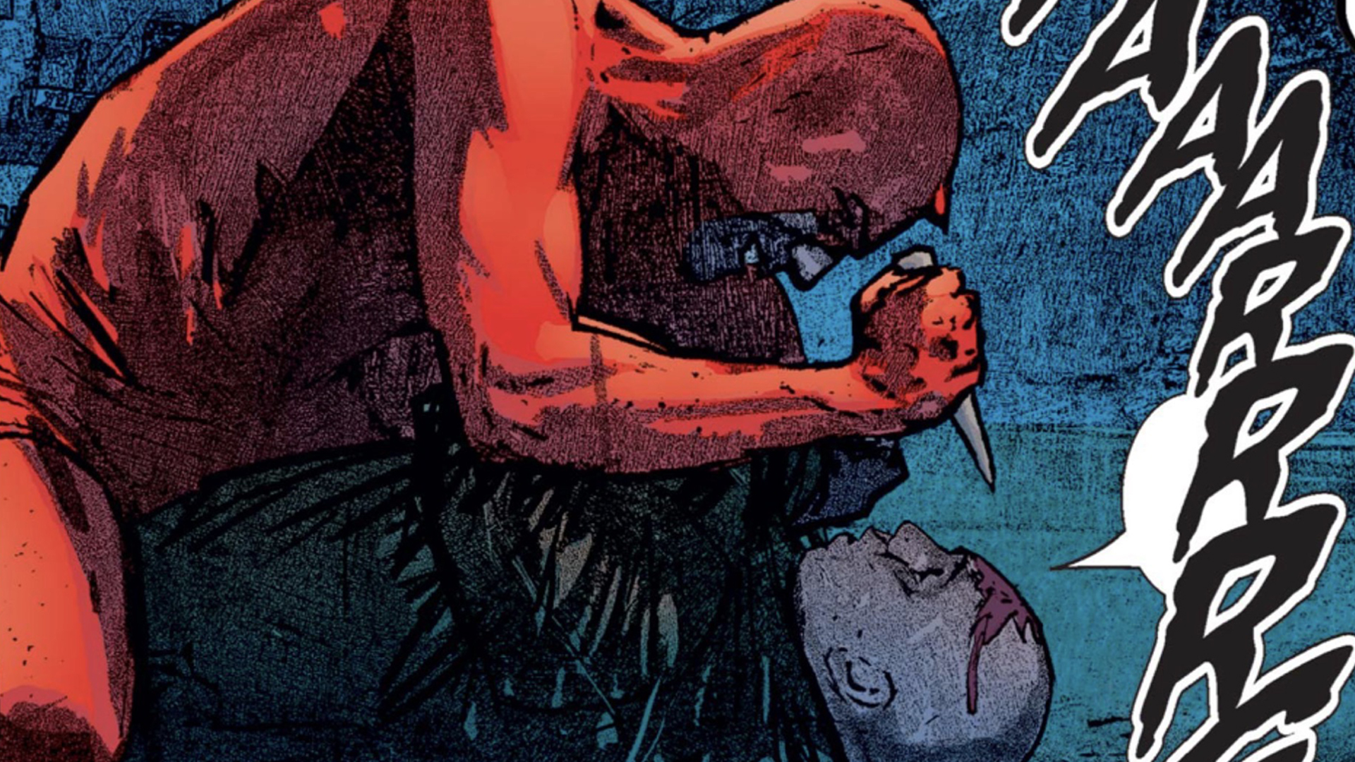 Daredevil carving a target into Bullseye's forehead