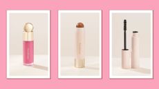 Rare Beauty products: the Soft Pinch Blush, Warm Wishes Bronzing stick and Perfect Strokes mascara/ in a pink and red template