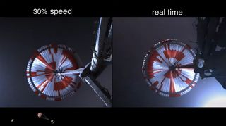 NASA's Perseverance rover captured this view from its entry, descent and landing camera system as it descended to the surface of Mars on Feb. 18, 2021.