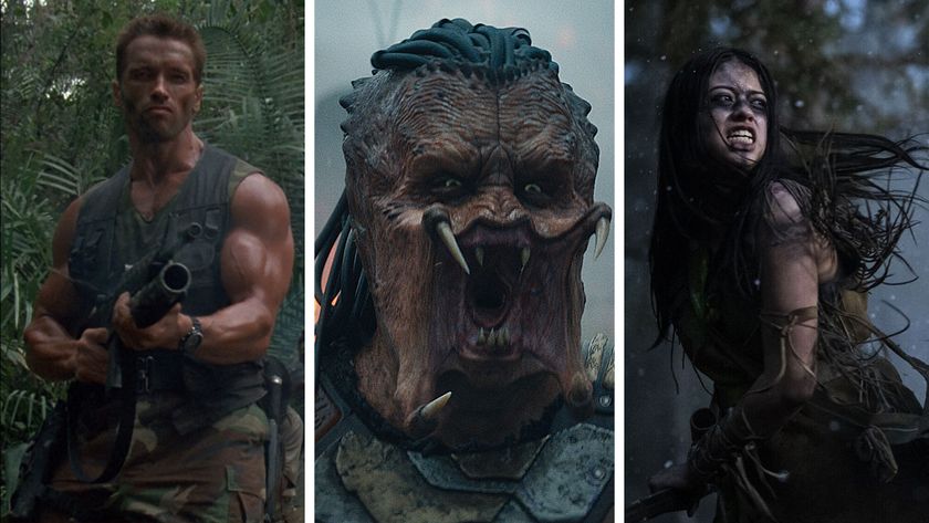 Split image for Predator movies in order showing Arnold Schwarzenegger in Predator, the Predator &quot;Dex&quot; in Predator: Badlands, and Amber Midthunder in Prey.
