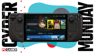 A Steam Deck on a blue Cyber Monday background.