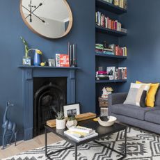 blue living room with grey sofa and book shelf