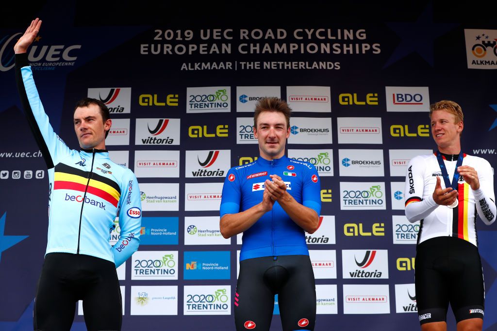 Yves Lampaert, Elia Viviani and Pascal Ackermann on the podium