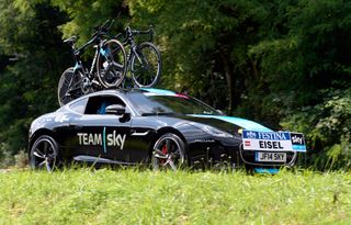 Jaguar F type follows Bernhard Eisel on stage twenty of the 2014 Tour de France