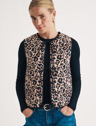 Leopard Print Tie Front Quilted Gilet