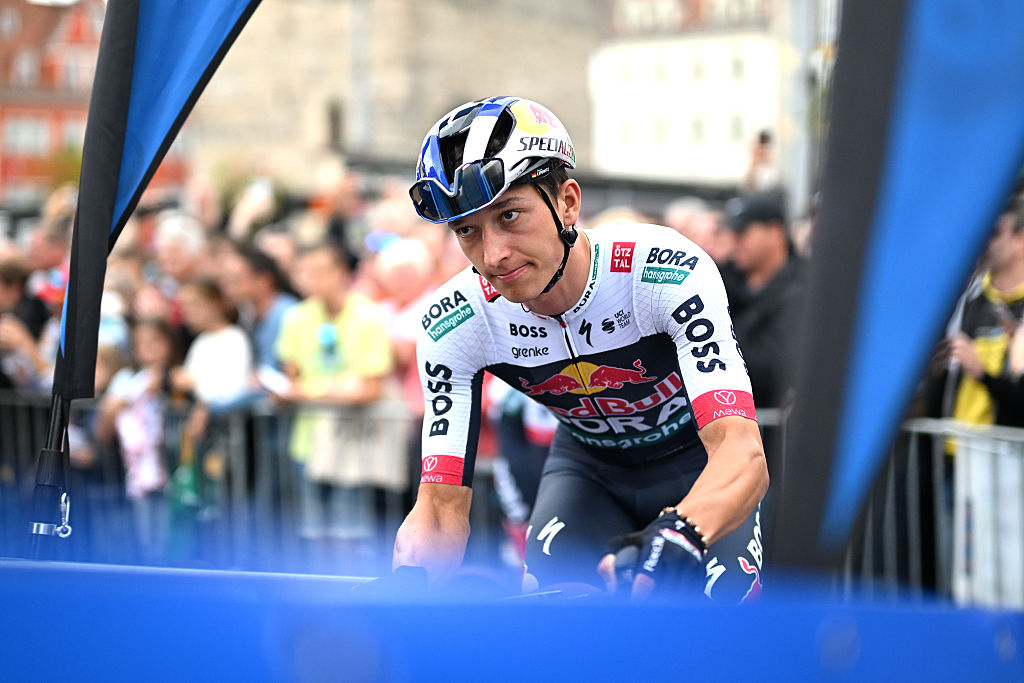 HALLE-SAALE, GERMANY - AUGUST 24: Florian Lipowitz of Germany and Team Red Bull - BORA - hansgrohe prior to the 40th Deutschland Tour 2025, Stage 4 a 163.7km stage from Halle-Saale to Magdeburg / #UCIWT / on August 24, 2025 in Halle-Saale, Germany. (Photo by Christian Kaspar-Bartke/Getty Images)