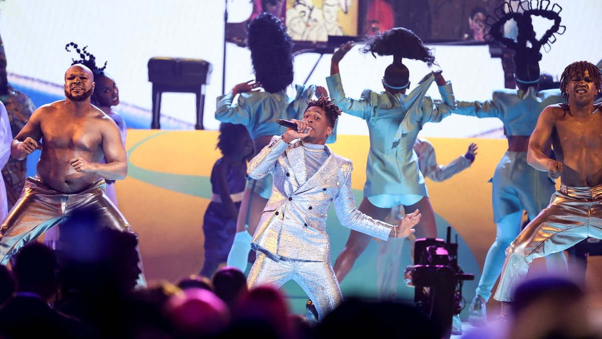 Jon Batiste performs during the 64th Annual Grammy Awards Sunday, April 3.