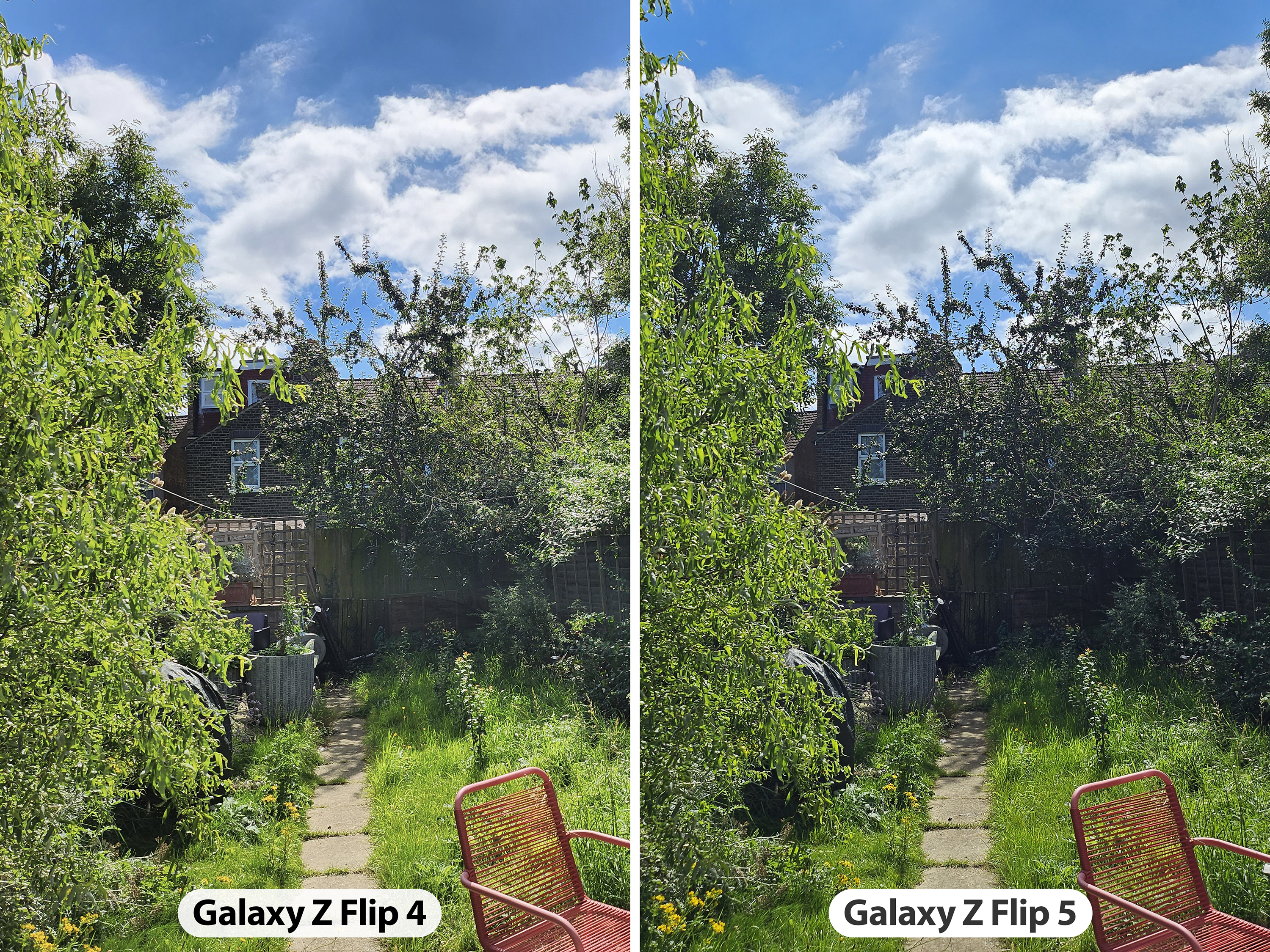 Samsung Galaxy Z Flip 5 comparison Z Flip 4 camera sample garden split screen