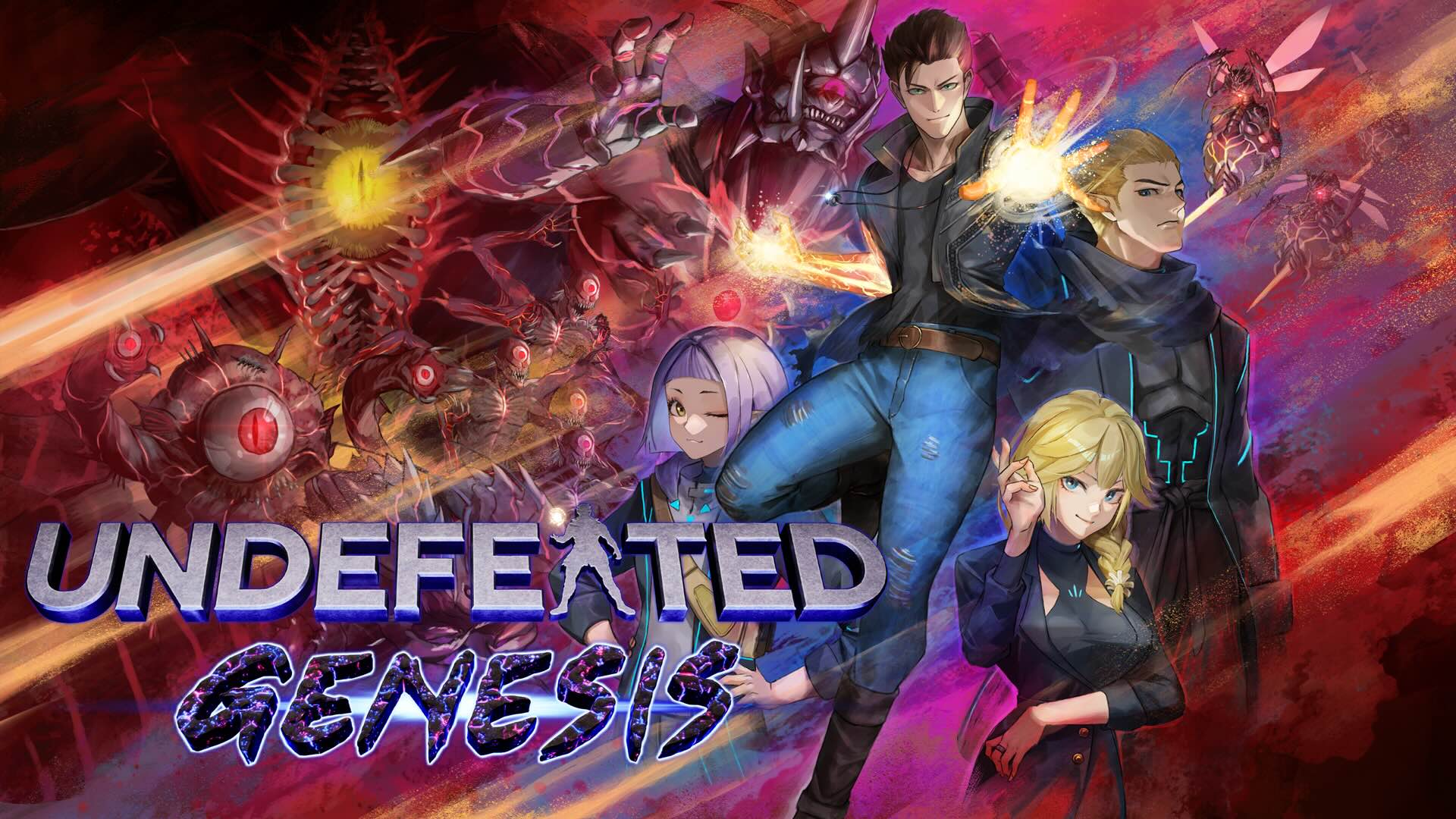 Anime superheroes show off their powers. The Undefeated: Genesis logo is shown.