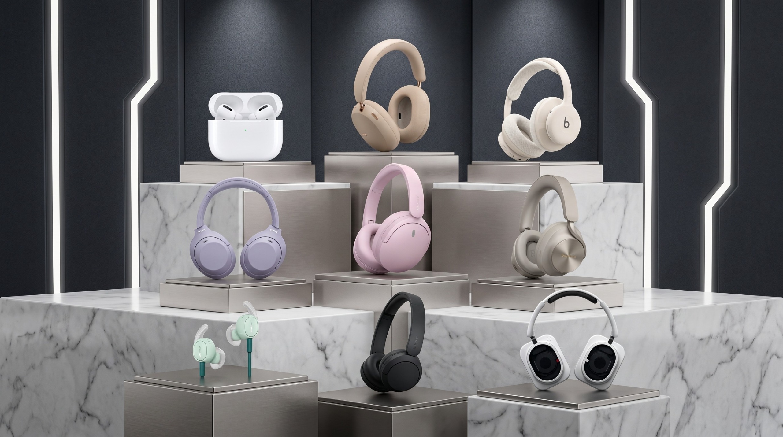 A collection of headphones in a futuristic shop window. The headphones are mostly pastel colors 
