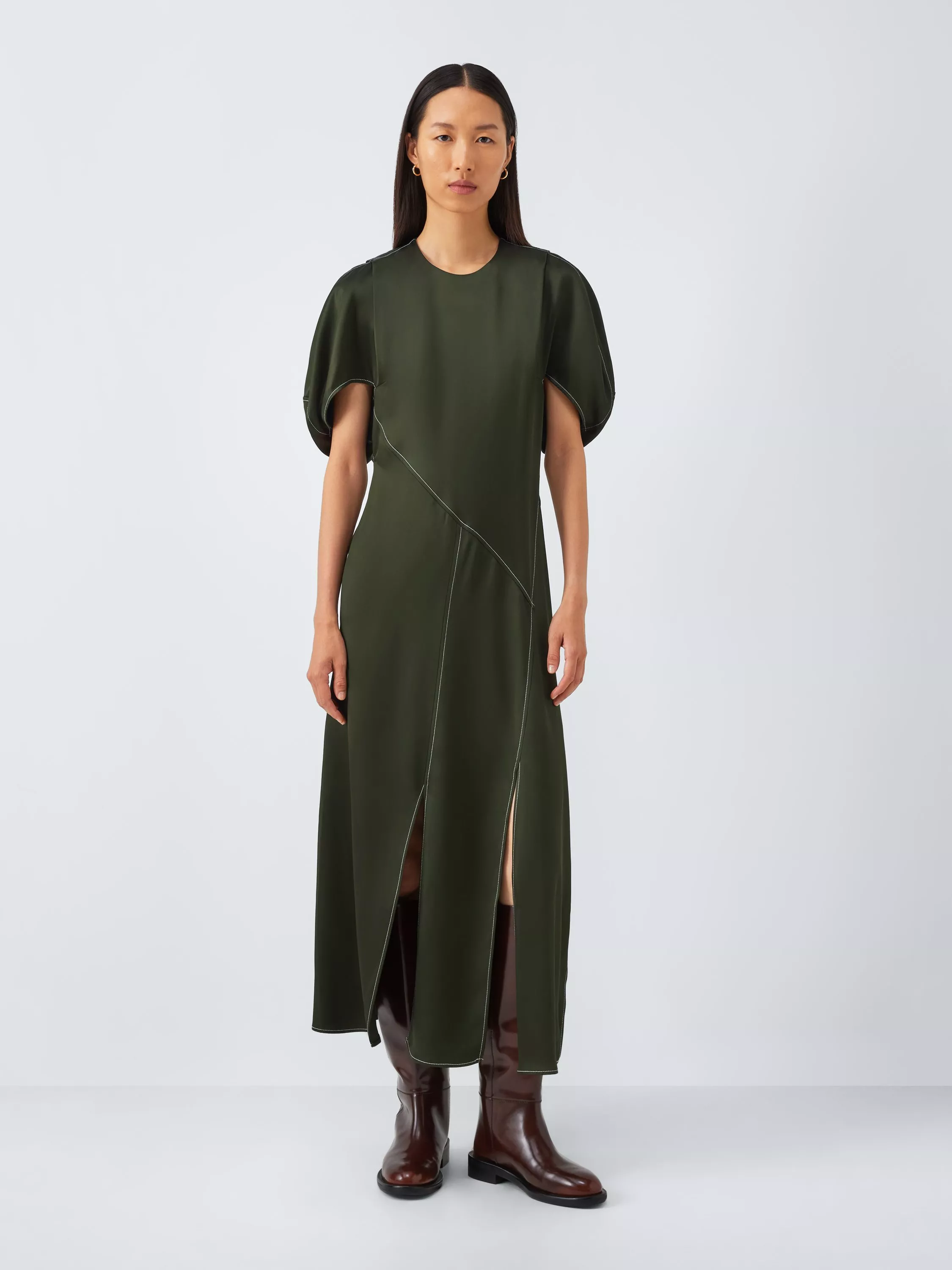 John Lewis X Rejina Pyo Satin Contrast Stitch Detail Volume Sleeve Midi Dress, Olive Green