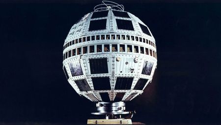 Image of the Telstar 1 satellite. Telstar was launched by NASA on July 10, 1962, from Cape Canaveral, Fla., and was the first privately sponsored space-faring mission. Two days later, it relayed the world's first transatlantic television signal, from Andover Earth Station, Maine, to the Pleumeur-Bodou Telecom Center, Brittany, France.