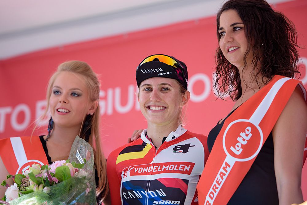Alexis Ryan (CANYON//SRAM Racing) wears the intermediate sprint jersey and earns most combative rider on the stage at the 121 km Stage 1 of the Lotto Belgium Tour 2016