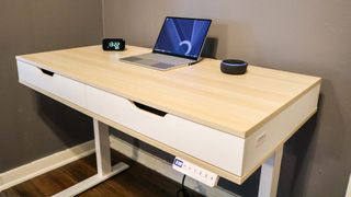 Realspace Smart Electric Height-Adjustable Desk with Lenovo Smart Clock Essential and an Echo Dot